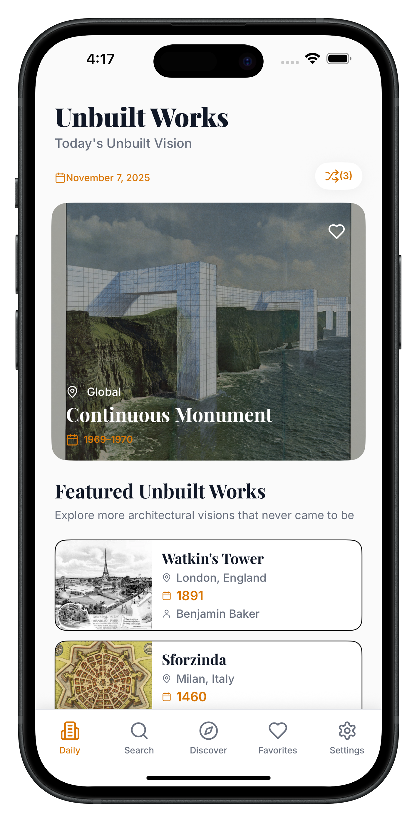 Unbuilt Works App showing Continuous Monument project